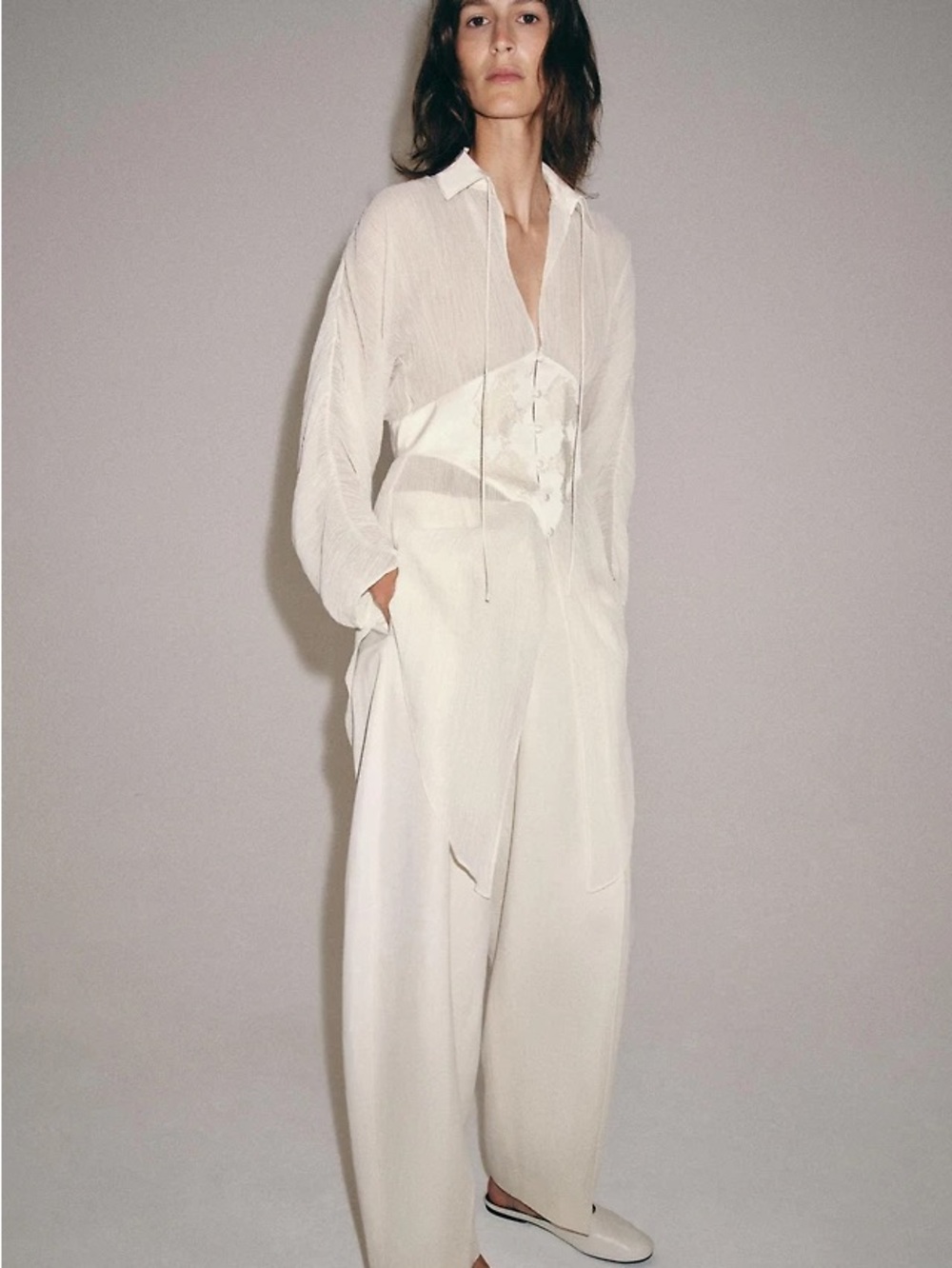 Zara Cream Sheer Button-Front Blouse